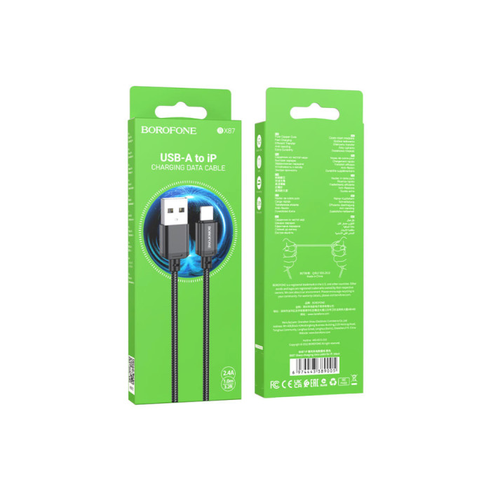 Дата кабель USB 2.0 AM to Lightning 1.0m 2.4A nylon BX87 black BOROFONE (6974443389005)