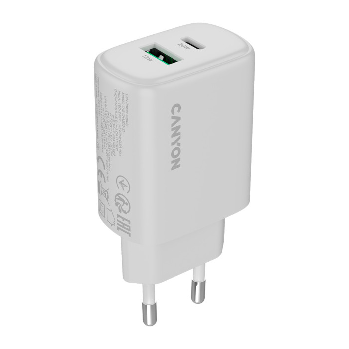 Зарядний пристрій Canyon OnCharge 200 20W 1xPD 1xQC EU White (CNE-CHA200-21)