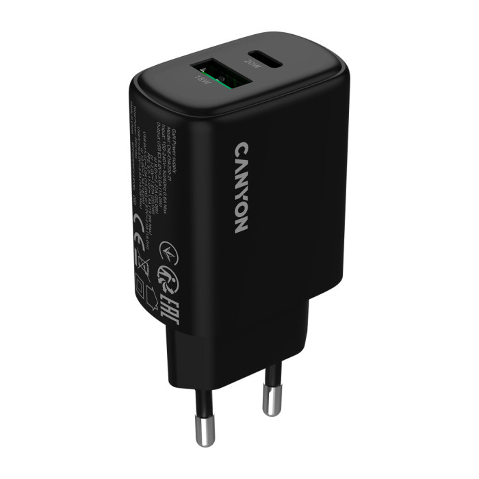 Зарядний пристрій Canyon OnCharge 200 20W 1xPD 1xQC EU Black (CNE-CHA200-31)