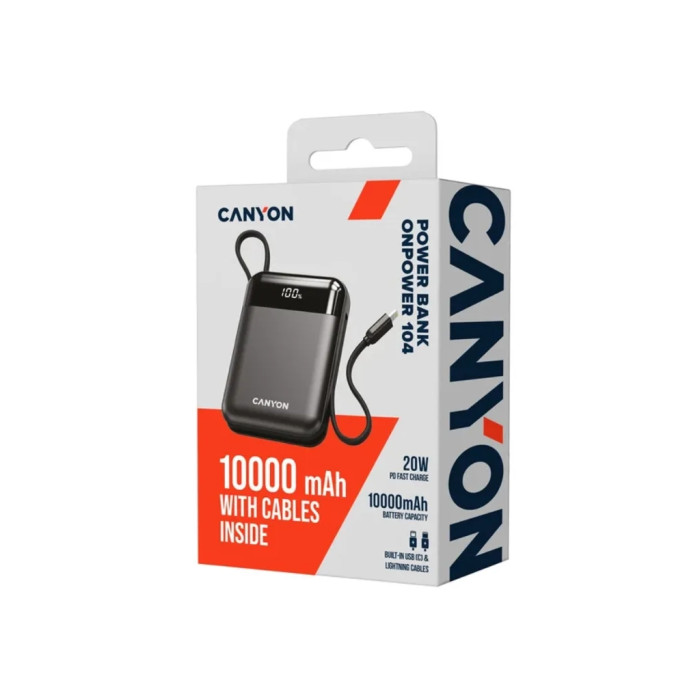 Батарея універсальна Canyon 10000mAh OnPower 104 PD/20W, QC/22.5W built-in cable Black (CNS-CPB104B)