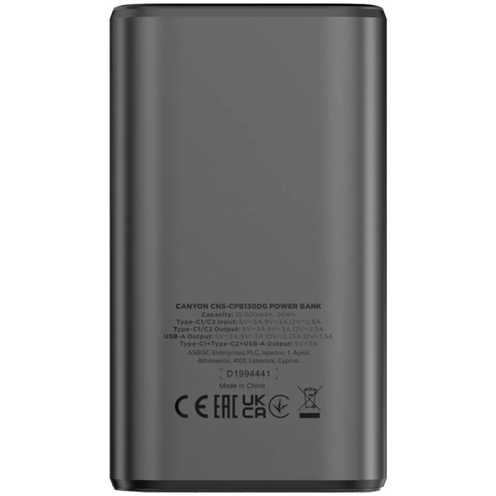 Батарея універсальна Canyon 10000mAh OnPower 130 TFT PD/30W Dark Grey (CNS-CPB130DG)