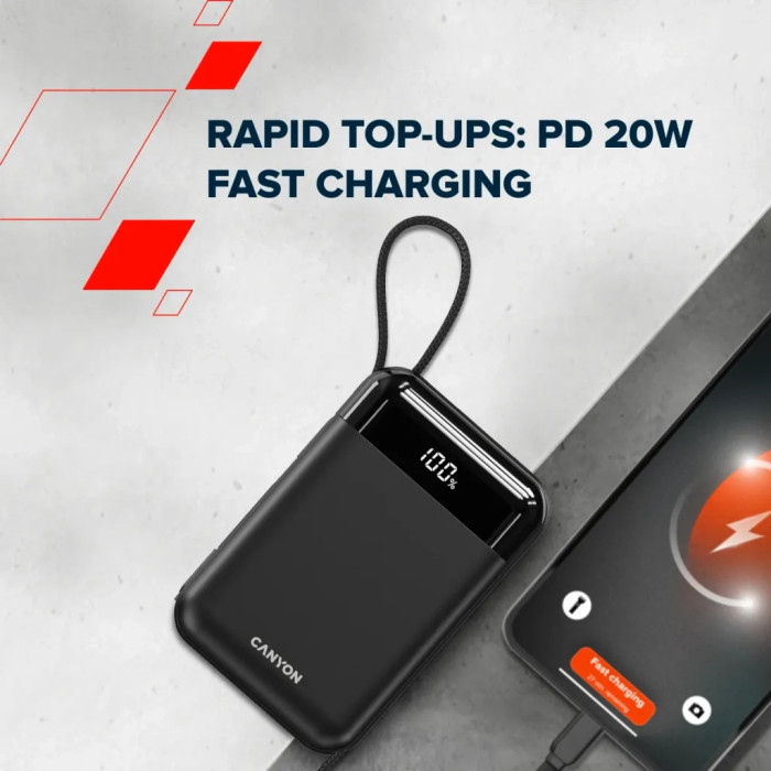 Батарея універсальна Canyon 20000mAh OnPower 204 PD/20W Built-in Lightning Cable (CNS-CPB204B)