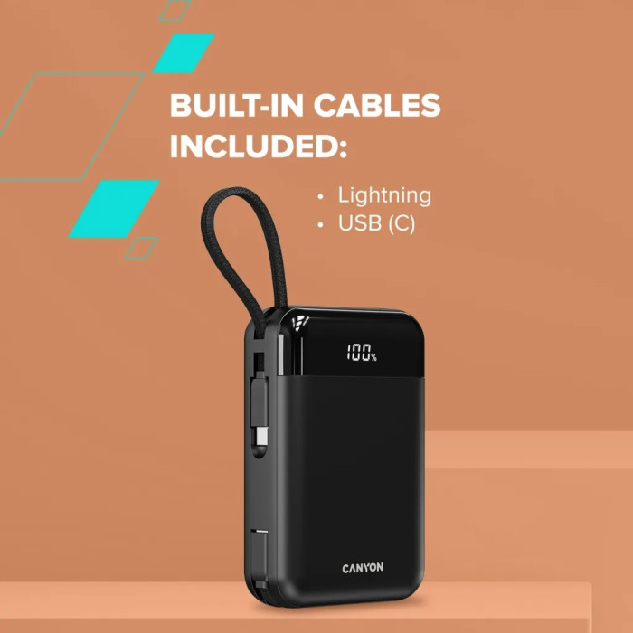 Батарея універсальна Canyon 20000mAh OnPower 204 PD/20W Built-in Lightning Cable (CNS-CPB204B)