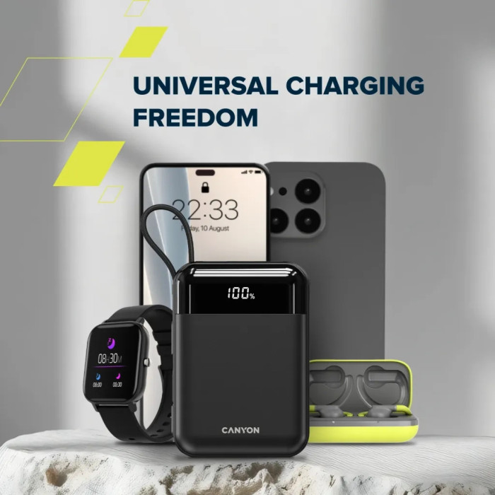 Батарея універсальна Canyon 20000mAh OnPower 204 PD/20W Built-in Lightning Cable (CNS-CPB204B)