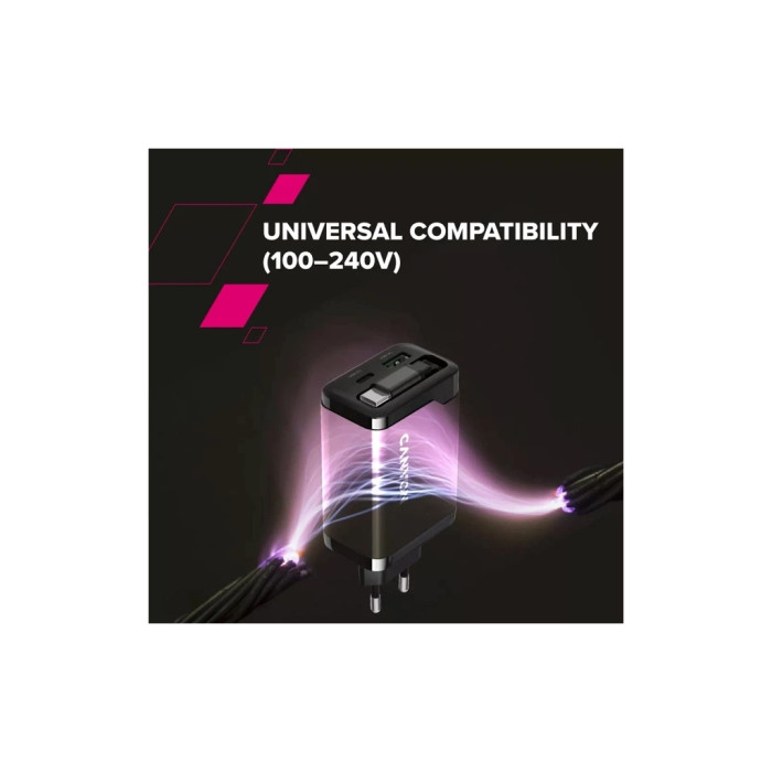 Зарядний пристрій Canyon 1xUSB-C PD65W + 1xUSB QC3.0 + cable USB-C to USB-C black (CNS-CURC65ACB)