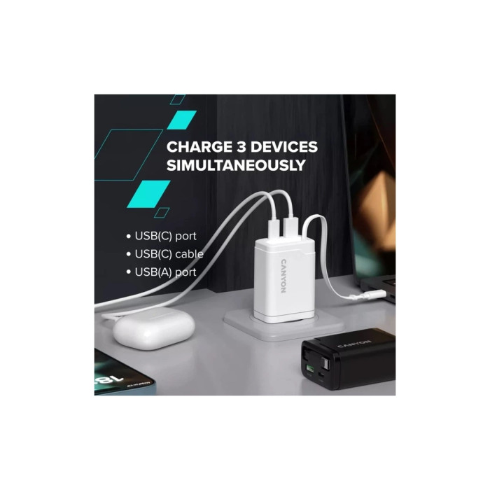 Зарядний пристрій Canyon 1xUSB-C PD65W + 1xUSB QC3.0 + cable USB-C to USB-C white (CNS-CURC65ACW)