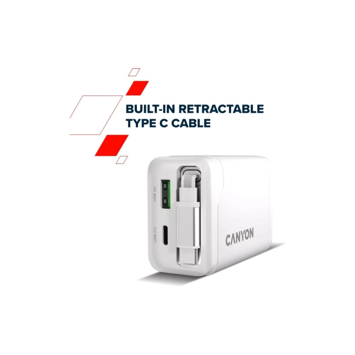Зарядний пристрій Canyon 1xUSB-C PD65W + 1xUSB QC3.0 + cable USB-C to USB-C white (CNS-CURC65ACW)