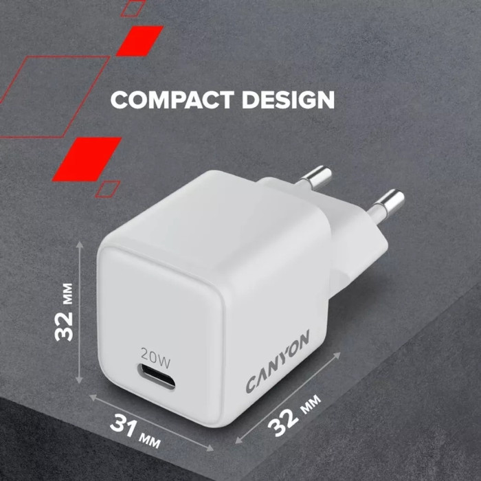 Зарядний пристрій Canyon CU20C GaN 20W 1xPD EU White (CNS-CUW20C)