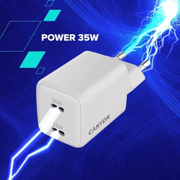 Зарядний пристрій Canyon CU35CC GaN 35W 2xPD EU White (CNS-CUW35CC)