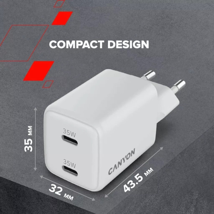 Зарядний пристрій Canyon CU35CC GaN 35W 2xPD EU White (CNS-CUW35CC)