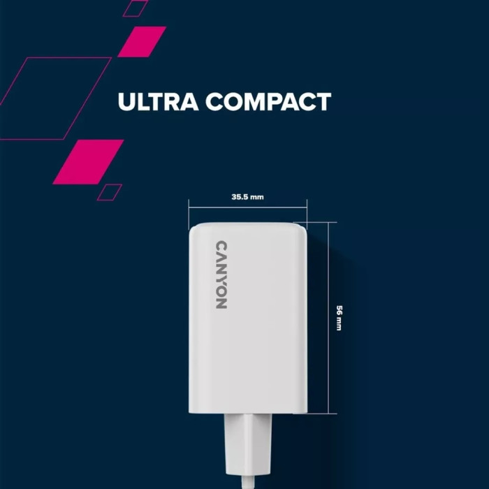 Зарядний пристрій Canyon CU65ACC GaN 65W 2xPD 1xQC EU White (CNS-CUW65ACC)