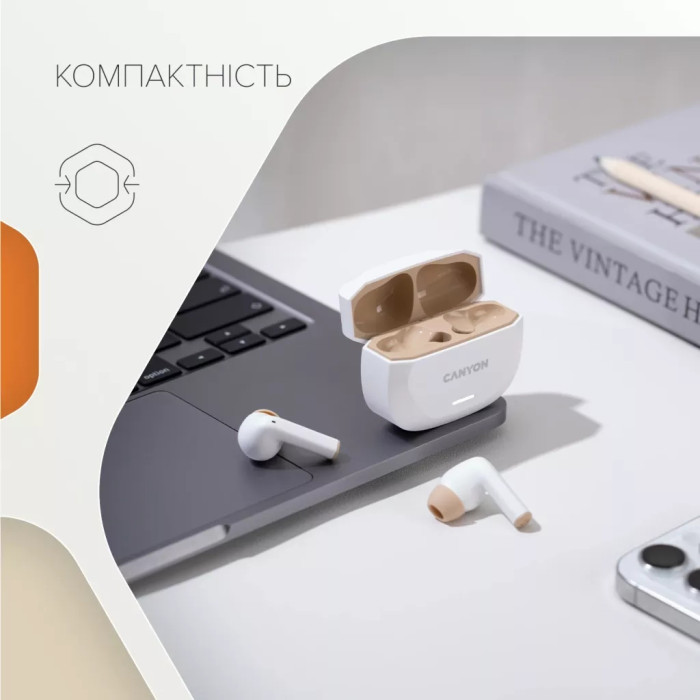Навушники Canyon Hexagon 7 TWS ANC+ENC Wireless Charge White/Beige (CNS-TWS7WB)