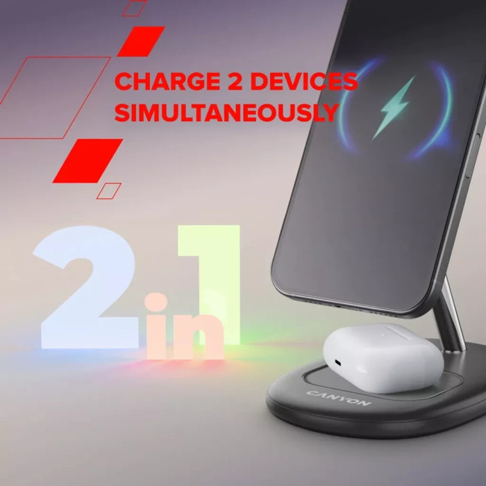 Зарядний пристрій Canyon wireless charger WCS-205 15W Qi2 2in1 w/o adapter Black (CNS-WCS205BW/A)