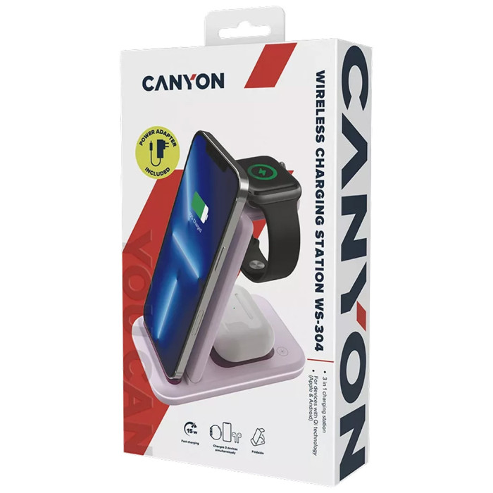 Зарядний пристрій Canyon WS-304 Foldable 3in1 Wireless charger Iced Pink (CNS-WCS304IP)