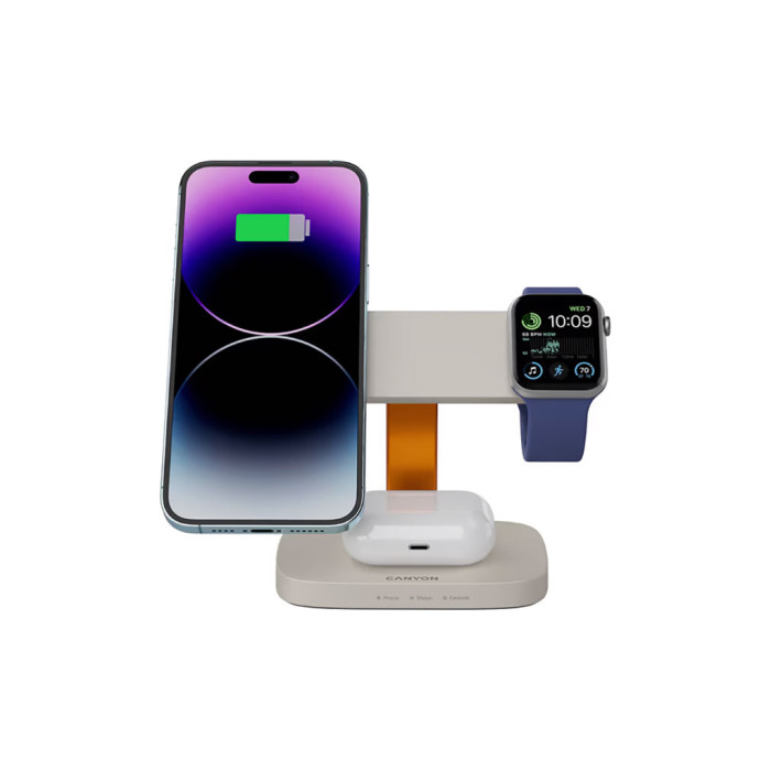 Зарядний пристрій Canyon wireless charger HEXAGON WCS-310 3in1 LightGrey/Orange (CNS-WCS310LGOR)