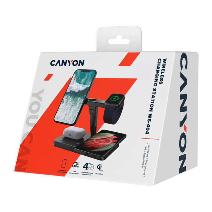 Зарядний пристрій Canyon wireless charger WS-404 15W 4in1 Black (CNS-WCS404)