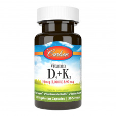 Вітамін Carlson Вітамін D3+K2, 2000 МО та 90 мкг, Vitamin D3+K2, 60 вегетарі (CL10610)