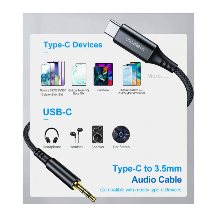 Кабель мультимедійний USB-C to 3.5mm M 1.0m black Choetech (AUX006)
