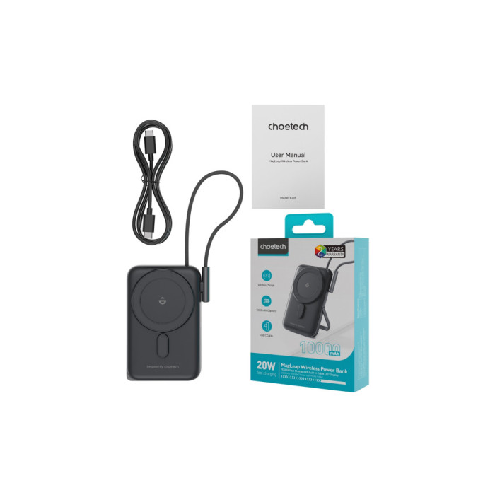 Батарея універсальна Choetech Magnetic Wireless 10000mAh 20W, PD, Qi-15W, USB-C In/Out, build-in cabel, Black (B735-CCBK)