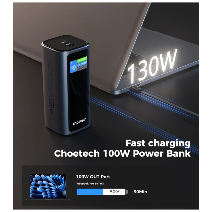 Батарея універсальна Choetech 20000mAh, PD/130W, QC, AFC , TFT, pass-through charging (B815C)