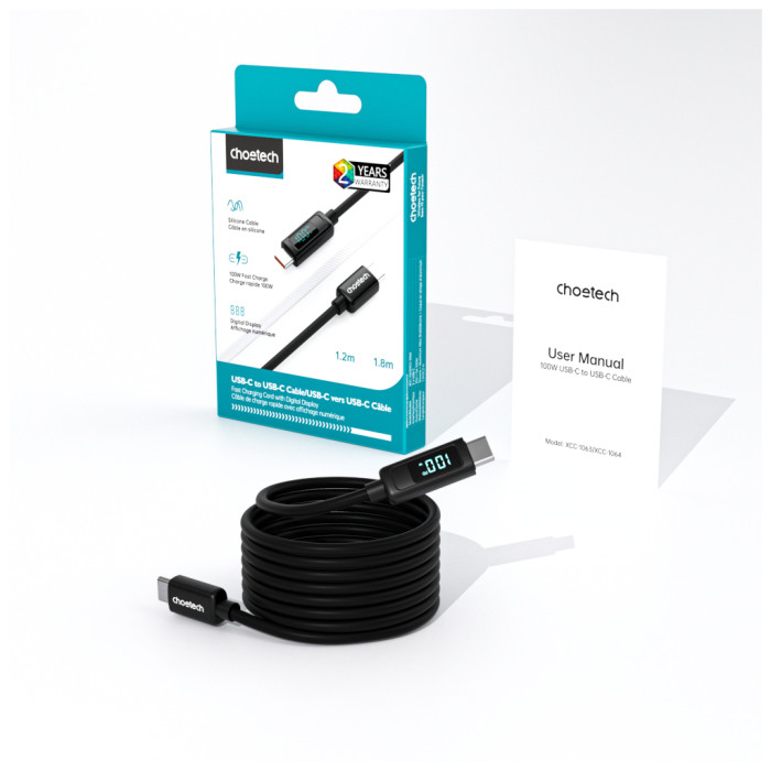 Дата кабель USB-C to USB-C 1.2m PD100W digital display silicone Choetech (XCC-1064)
