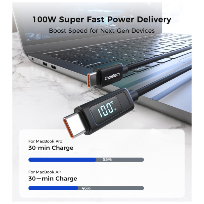 Дата кабель USB-C to USB-C 1.2m PD100W digital display silicone Choetech (XCC-1064)