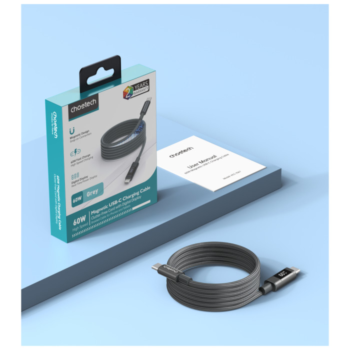 Дата кабель USB-C to USB-C 1.2m PD60W magnetic digital display nylon gray Choetech (XCC-1067-GY)