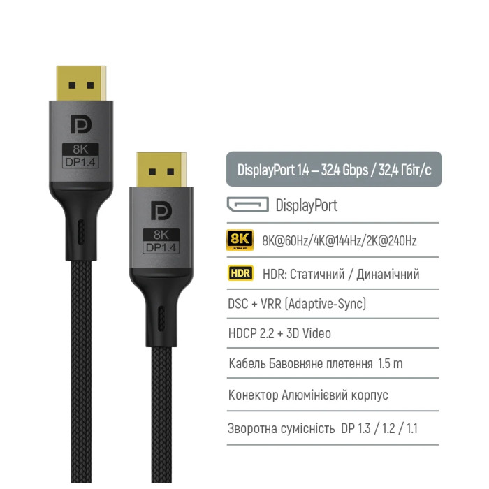 Кабель мультимедійний DisplayPort M to DisplayPort M 3.0m V1.4 8K black ColorWay (CW-CBDP094-BK)