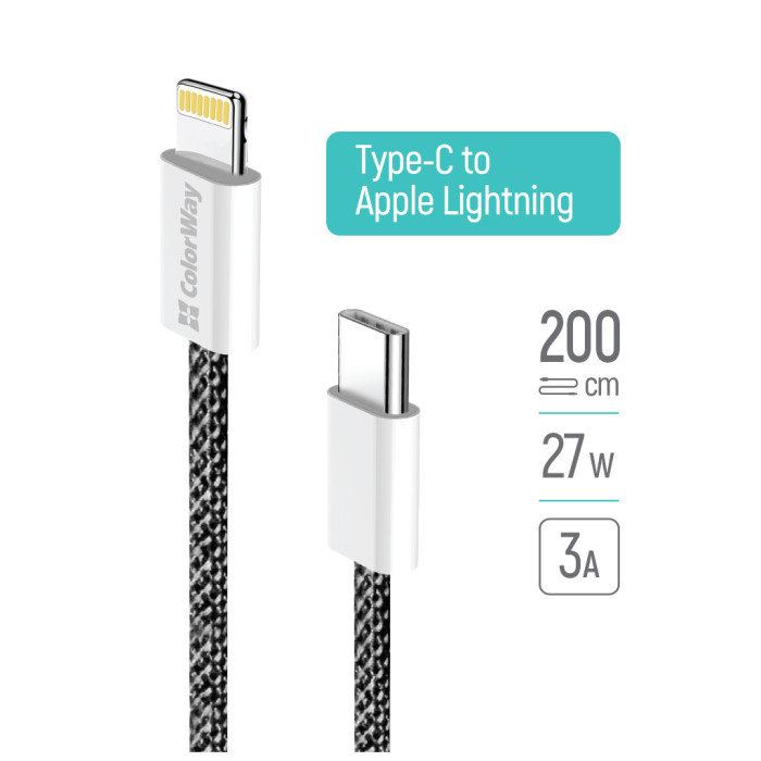 Дата кабель USB-C to Lightning 2.0m 27W PD FC black ColorWay (CW-CBPDCL068-BK)