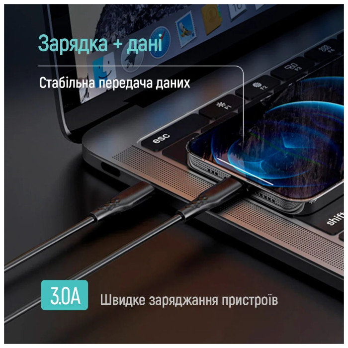 Дата кабель USB-C to Lightning 2.0m PD30W textured PVC black ColorWay (CW-CBPDCL095-BK)