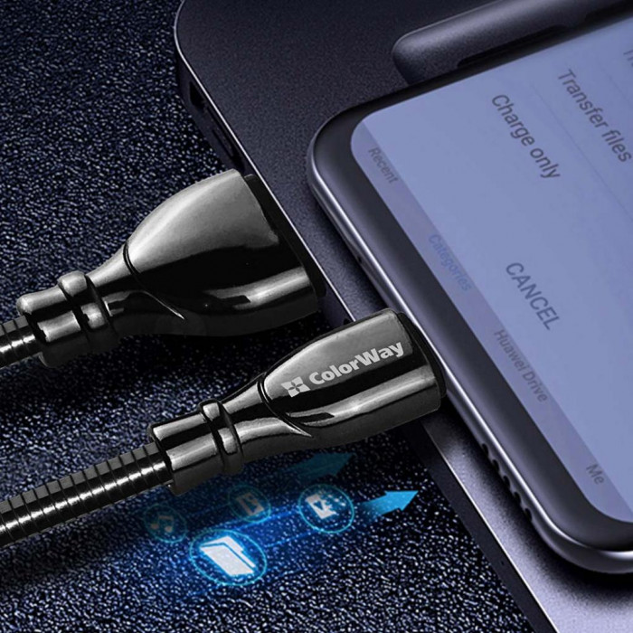 Дата кабель USB 2.0 AM to Type-C 1.0m metal spring black ColorWay (CW-CBUC015-BK)