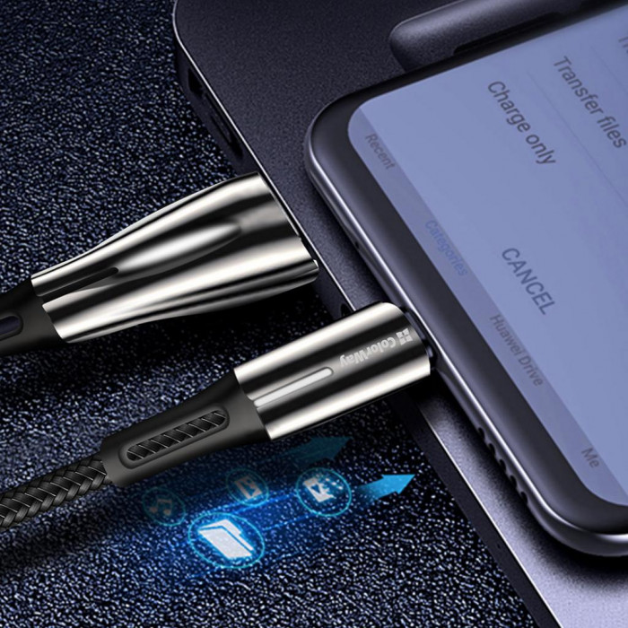 Дата кабель ColorWay USB 2.0 AM to Type-C 1.0m zinc alloy + led black (CW-CBUC035-BK)
