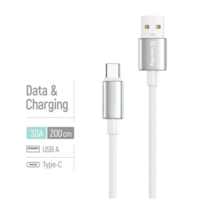 Дата кабель USB 2.0 AM to USB-C 2.0m 3A zinc alloy braided white ColorWay (CW-CBUC099-WT)