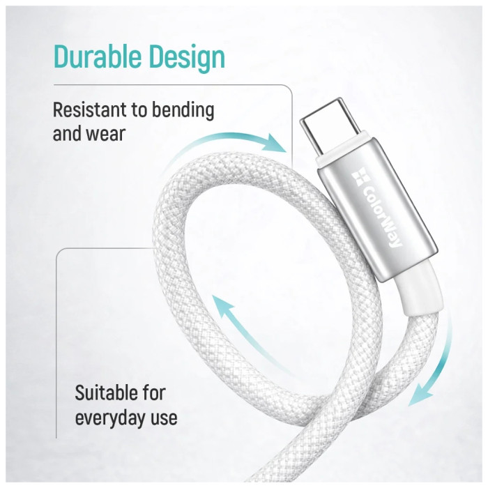 Дата кабель USB 2.0 AM to USB-C 2.0m 3A zinc alloy braided white ColorWay (CW-CBUC099-WT)