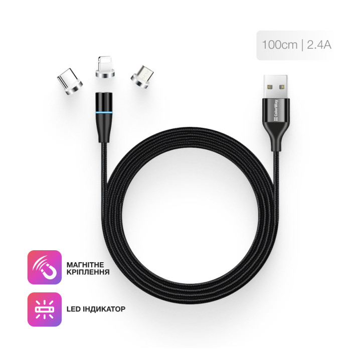 Дата кабель USB 2.0 AM to Lightning + Micro 5P + USB-C 1.0m Magnetic ColorWay (CW-CBUU038-BK)