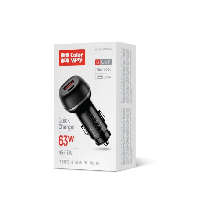 Зарядний пристрій ColorWay USB-C PD45W + USB QC3.0 car adapter (CW-CHA067PD-BK)