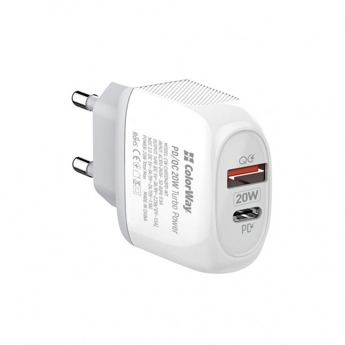 Зарядний пристрій ColorWay Type-C PD + USB QC3.0 20W white (CW-CHS024QPD-WT)