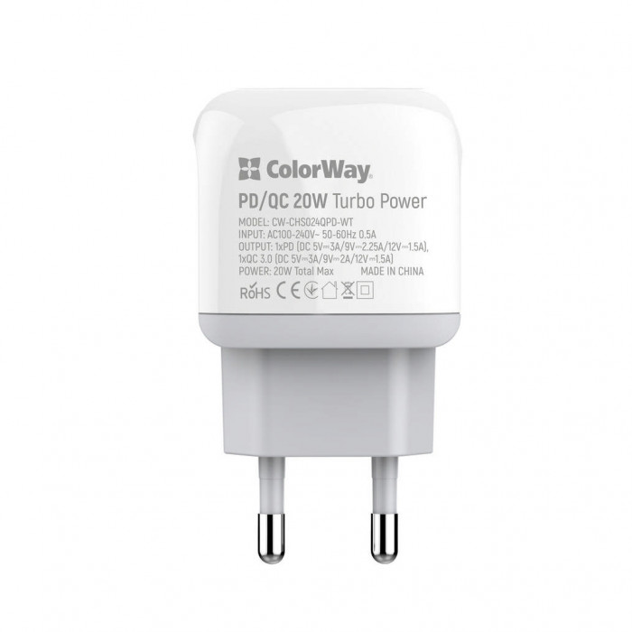 Зарядний пристрій ColorWay Type-C PD + USB QC3.0 20W white (CW-CHS024QPD-WT)