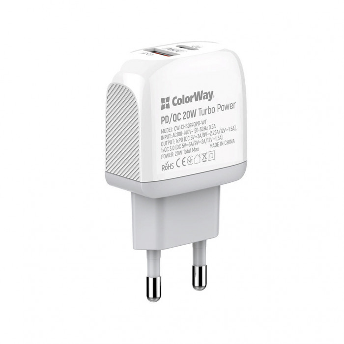 Зарядний пристрій ColorWay Type-C PD + USB QC3.0 20W white (CW-CHS024QPD-WT)