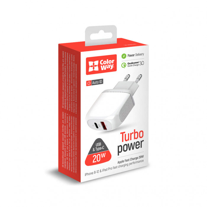 Зарядний пристрій ColorWay Type-C PD + USB QC3.0 20W white (CW-CHS024QPD-WT)