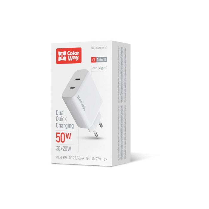 Зарядний пристрій ColorWay GaN Mini 50W PD Port PPS USB (Type-C PD 30W + Type-C PD 20W) white (CW-CHS050PD-WT)