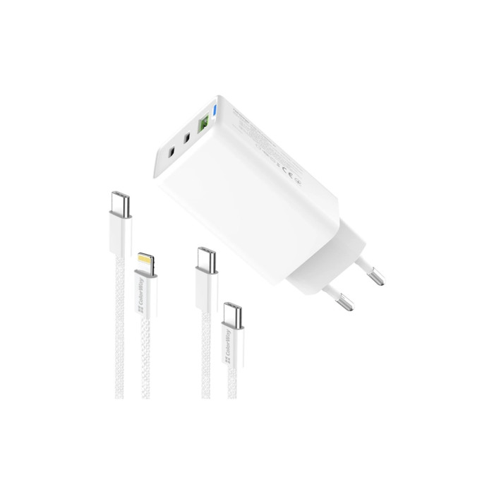 Зарядний пристрій ColorWay GaN Mini 65W PD Port PPS USB (USB-2C1A) cable Type-C&Lightning (CW-CHS058PDCL-WT)