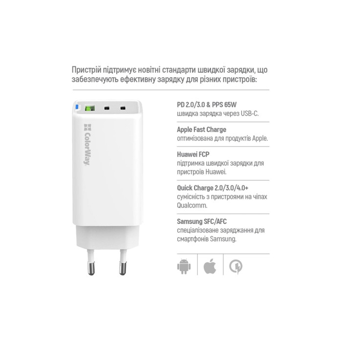 Зарядний пристрій ColorWay GaN Mini 65W PD Port PPS USB (USB-2C1A) cable Type-C&Lightning (CW-CHS058PDCL-WT)