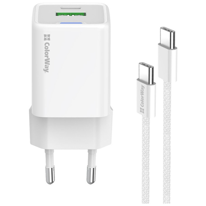 Зарядний пристрій ColorWay C101A GaN Mini 20W PD PPS USB-C + USB-A QC4.0 + cable USB-C to USB-C black (CW-CHS062PDC-WT)