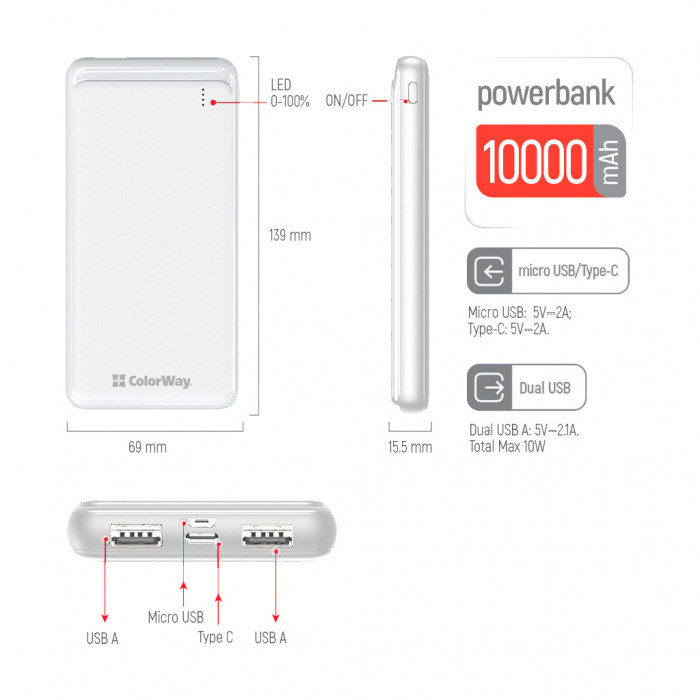 Батарея універсальна ColorWay 10 000 mAh Slim, White (CW-PB100LPF2WT)