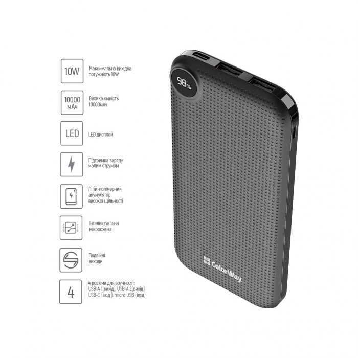 Батарея універсальна ColorWay 10 000 mAh Slim, LCD, Black (CW-PB100LPH2BK-D)