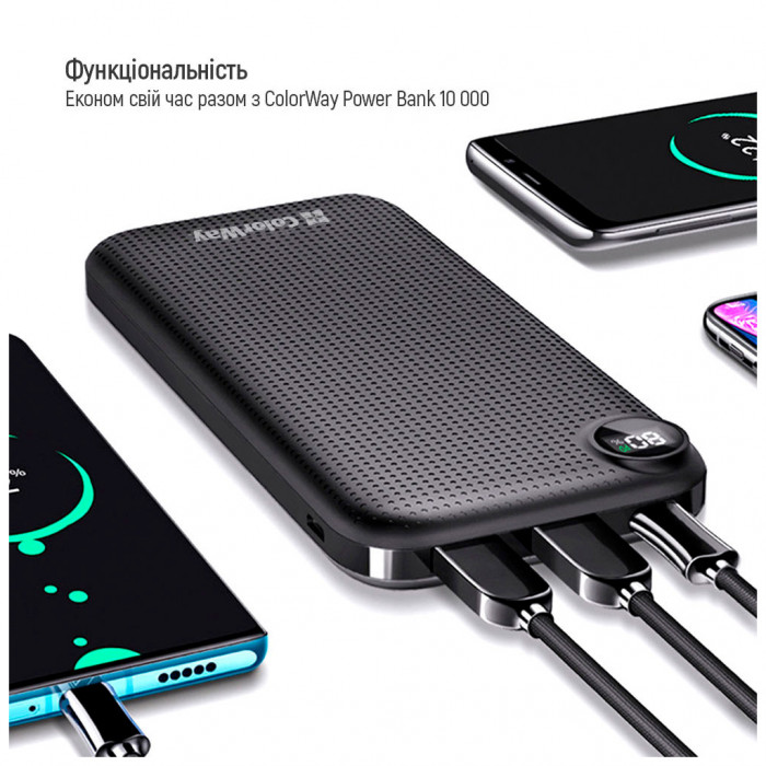 Батарея універсальна ColorWay 10 000 mAh Slim, LCD, Black (CW-PB100LPH2BK-D)
