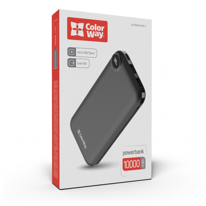 Батарея універсальна ColorWay 10 000 mAh Slim, LCD, Black (CW-PB100LPH2BK-D)