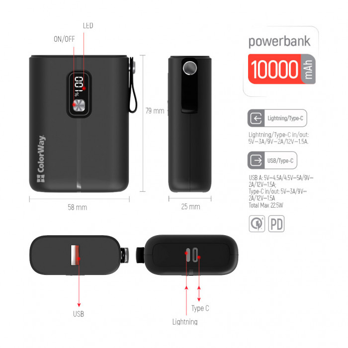Батарея універсальна ColorWay 10 000 mAh Full power (USB QC3.0 + USB-C Power Delivery 22.5 (CW-PB100LPK2BK-PDD)