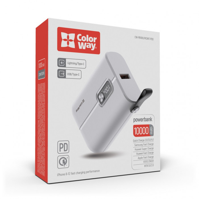 Батарея універсальна ColorWay 10 000 mAh Full power (USB QC3.0 + USB-C Power Delivery 22.5 (CW-PB100LPK2WT-PDD)